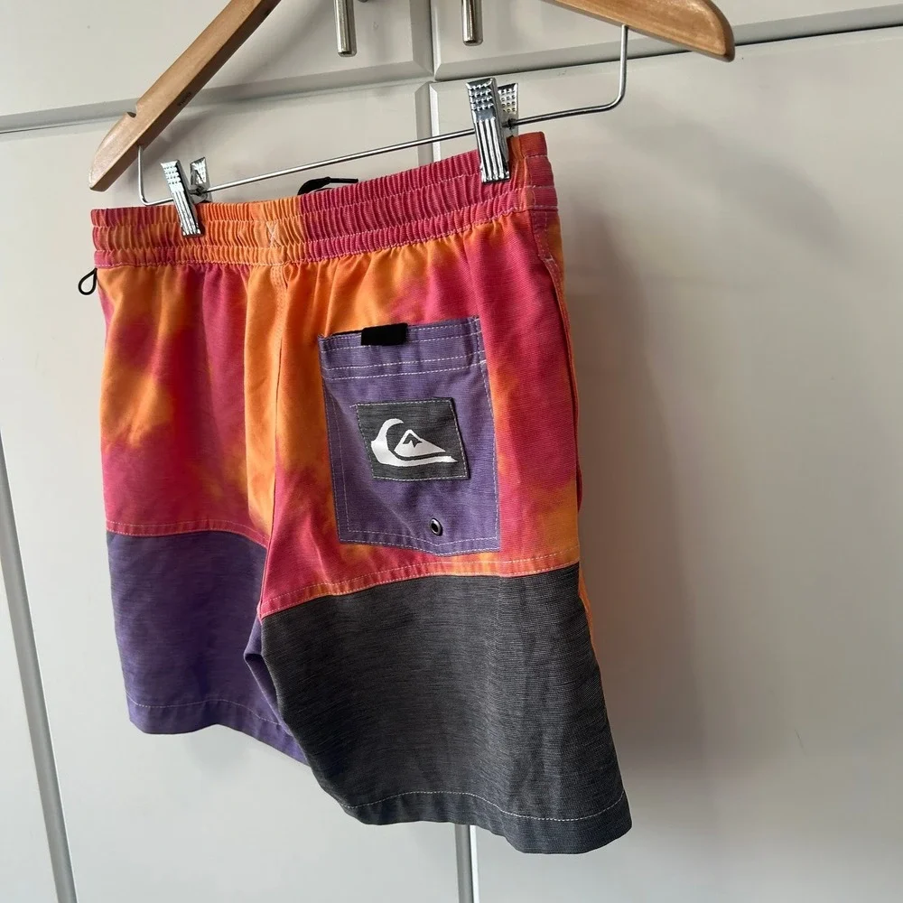 Quiksilver Boys Orange Pink Tie Dye Board Shorts Logo Swim Trunks Size L 14
